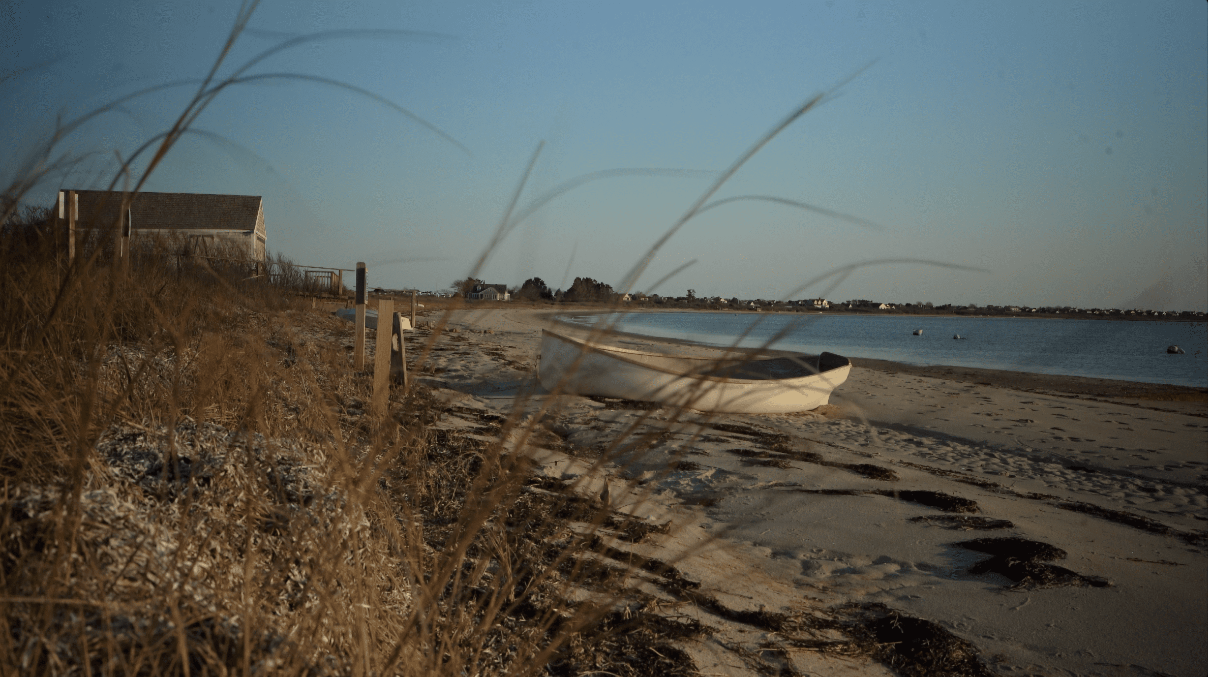 A boat is sitting on the beach near some grass.